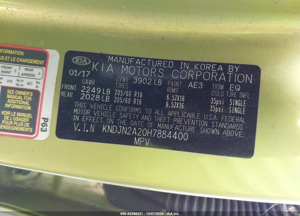 2017 KIA SOUL VIN: KNDJN2A20H7884400