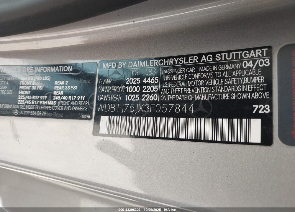 2003 MERCEDES-BENZ CLK 500 VIN: WDBTJ75JX3F057844