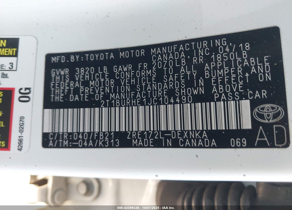2018 TOYOTA COROLLA VIN: 2T1BURHE1JC104490