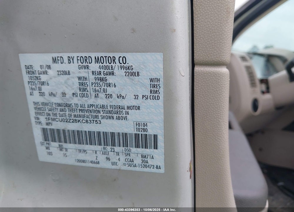 2008 FORD ESCAPE VIN: 1FMCU02Z28KC83753