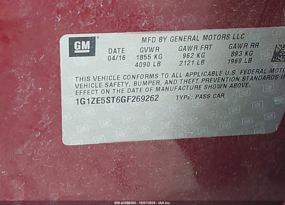 2016 CHEVROLET MALIBU 1LT VIN: 1G1ZE5ST6GF269262