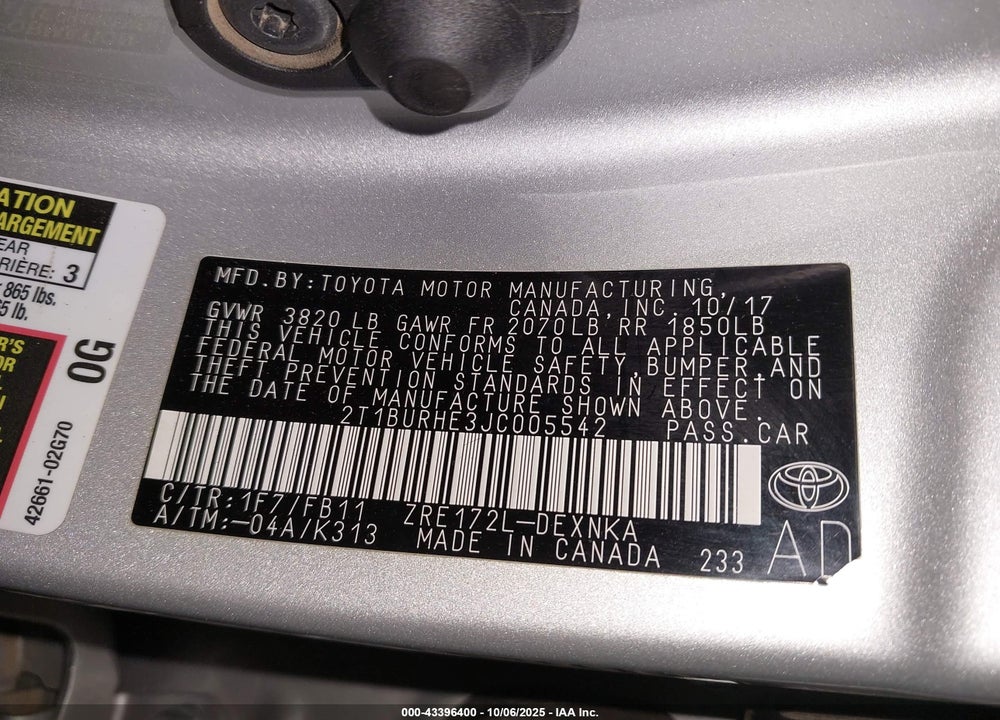 2018 TOYOTA COROLLA LE VIN: 2T1BURHE3JC005542