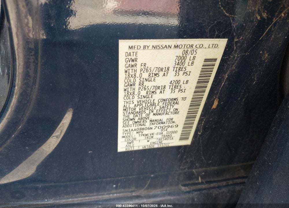 2006 NISSAN ARMADA VIN: 5N1AA08B06N700969