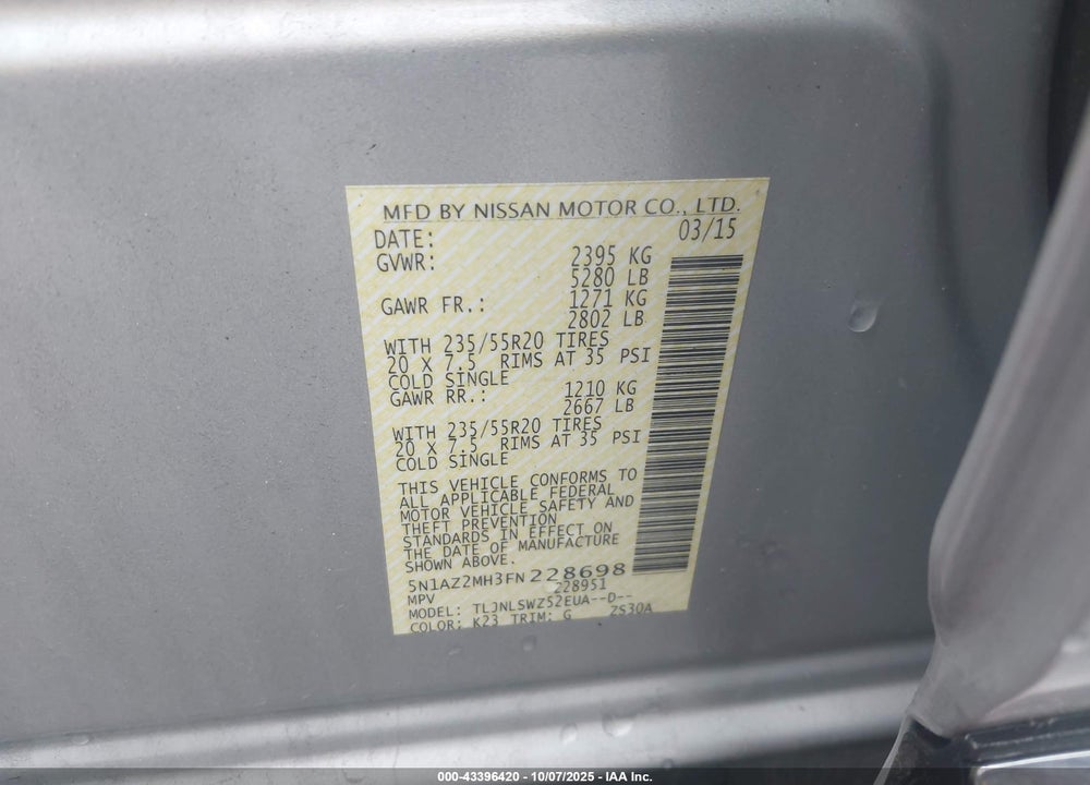 2015 NISSAN MURANO VIN: 5N1AZ2MH3FN228698