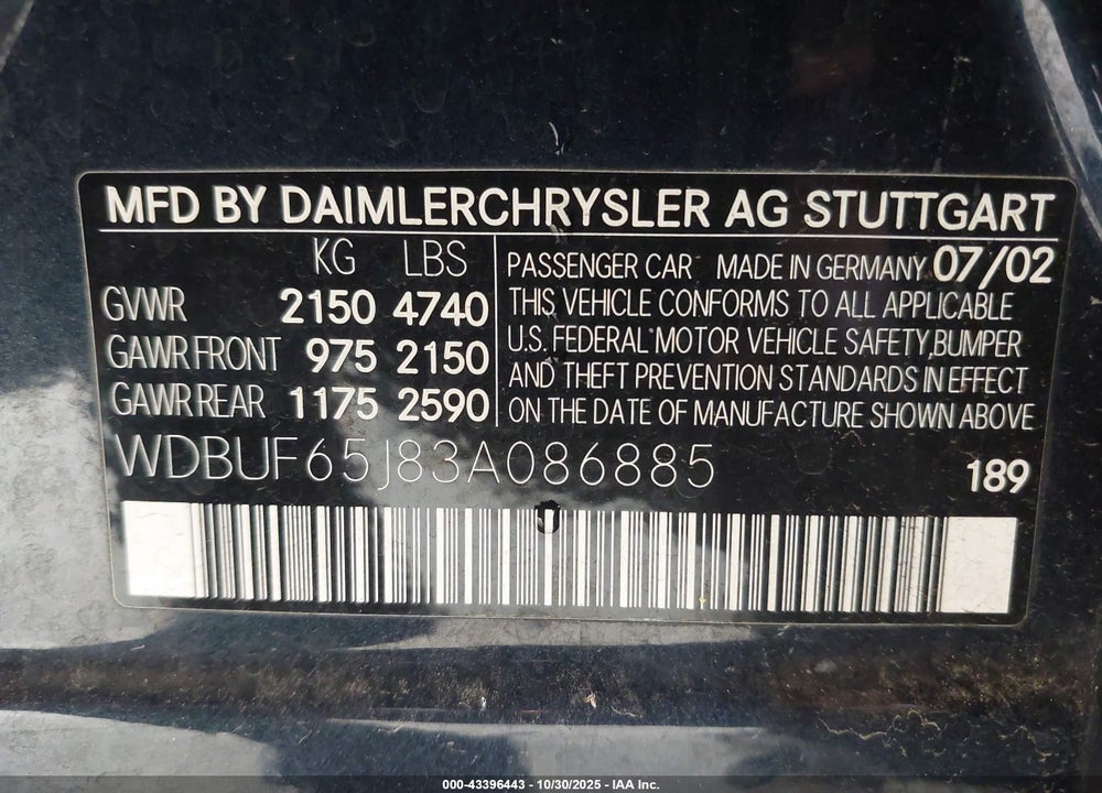 2003 MERCEDES-BENZ E 320 VIN: WDBUF65J83A086885