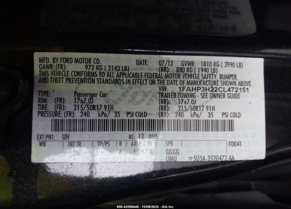2012 FORD FOCUS VIN: 1FAHP3H22CL472151