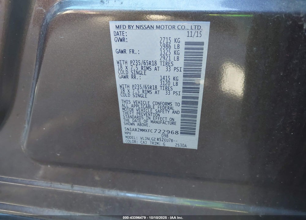 2015 NISSAN PATHFINDER SL VIN: 5N1AR2MMXFC722968