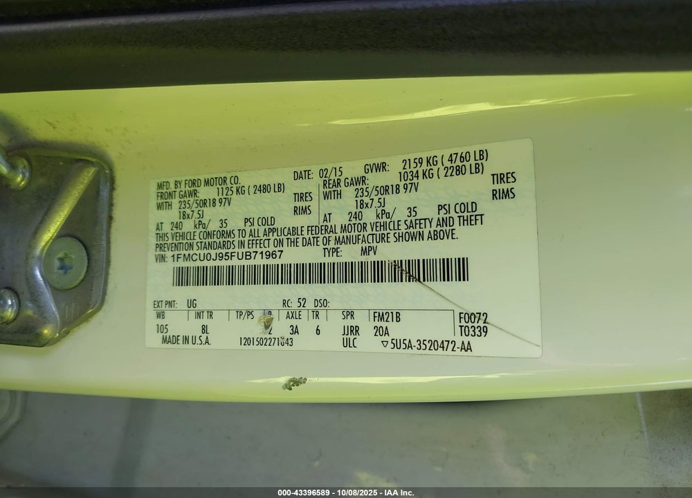 2015 FORD ESCAPE VIN: 1FMCU0J95FUB71967