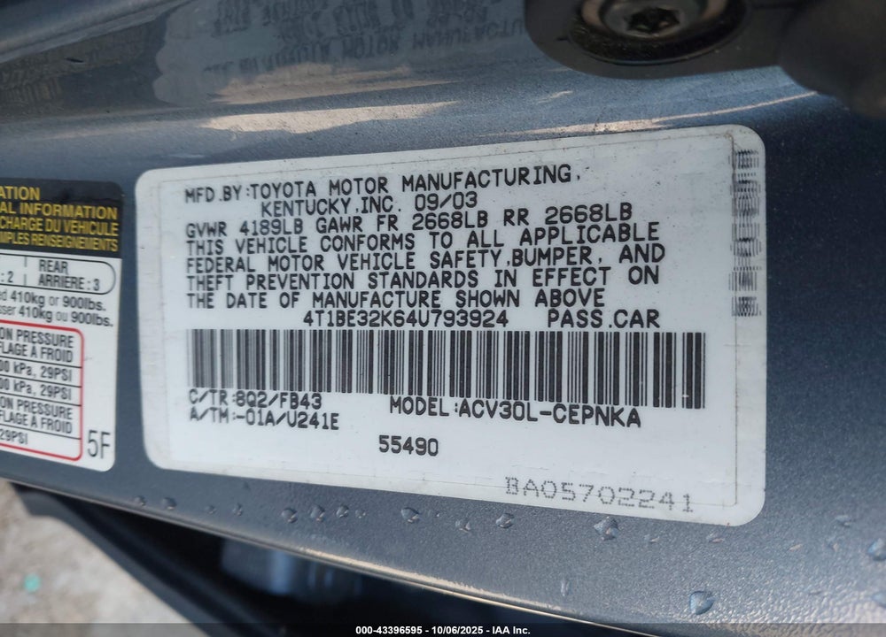 2004 TOYOTA CAMRY VIN: 4T1BE32K64U793924