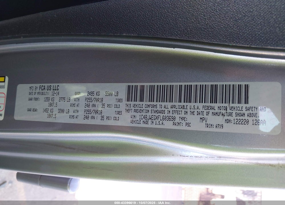 2015 JEEP WRANGLER UNLIMITED VIN: 1C4BJWEGXFL603690