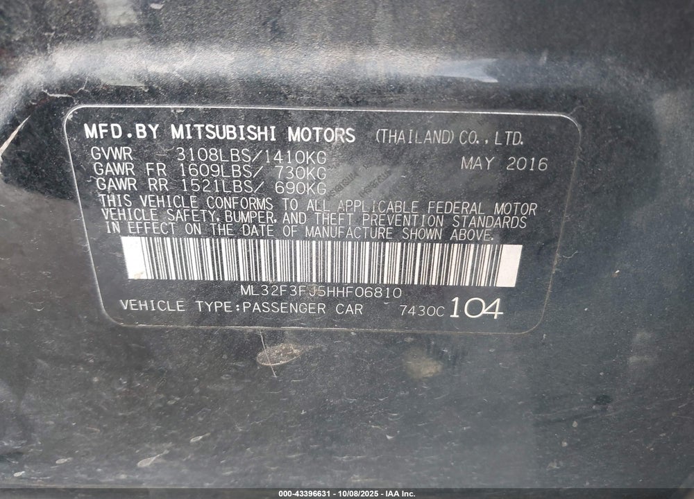 2017 MITSUBISHI MIRAGE G4 ES VIN: ML32F3FJ5HHF06810