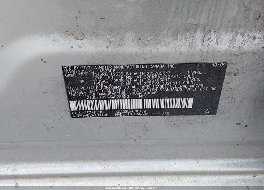 2010 TOYOTA RAV4 VIN: 2T3BF4DV6AW028550