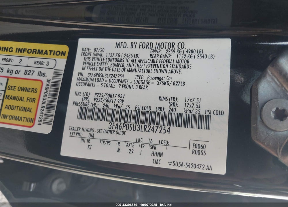 2020 FORD FUSION VIN: 3FA6P0SU3LR247254