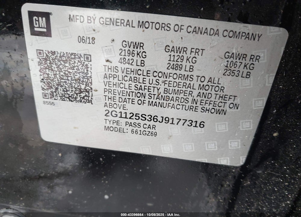 2018 CHEVROLET IMPALA 2LZ VIN: 2G1125S36J9177316