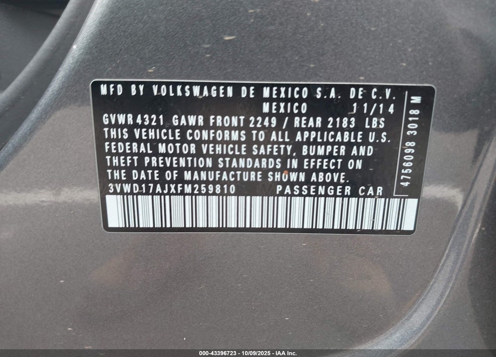 2015 VOLKSWAGEN JETTA VIN: 3VWD17AJXFM259810
