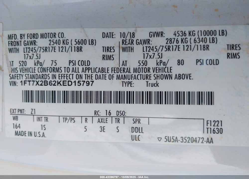 2019 FORD F-250 XL VIN: 1FT7X2B62KED15797