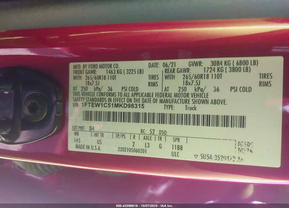 2021 FORD F-150 XLT VIN: 1FTEW1C51MKD98315