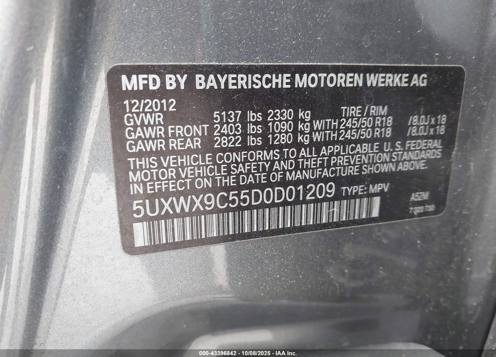 2013 BMW X3 XDRIVE28I VIN: 5UXWX9C55D0D01209
