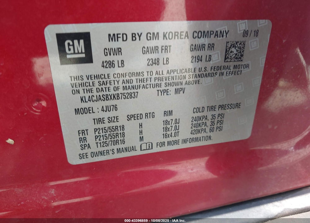 2019 BUICK ENCORE VIN: KL4CJASBXKB752837