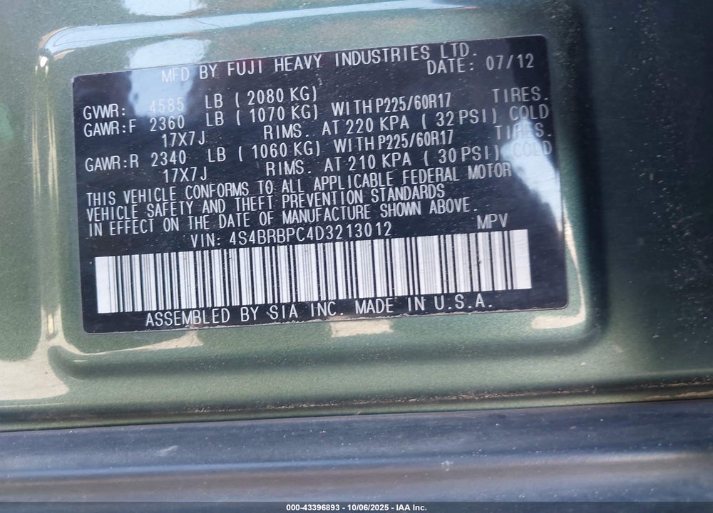 2013 SUBARU OUTBACK VIN: 4S4BRBPC4D3213012