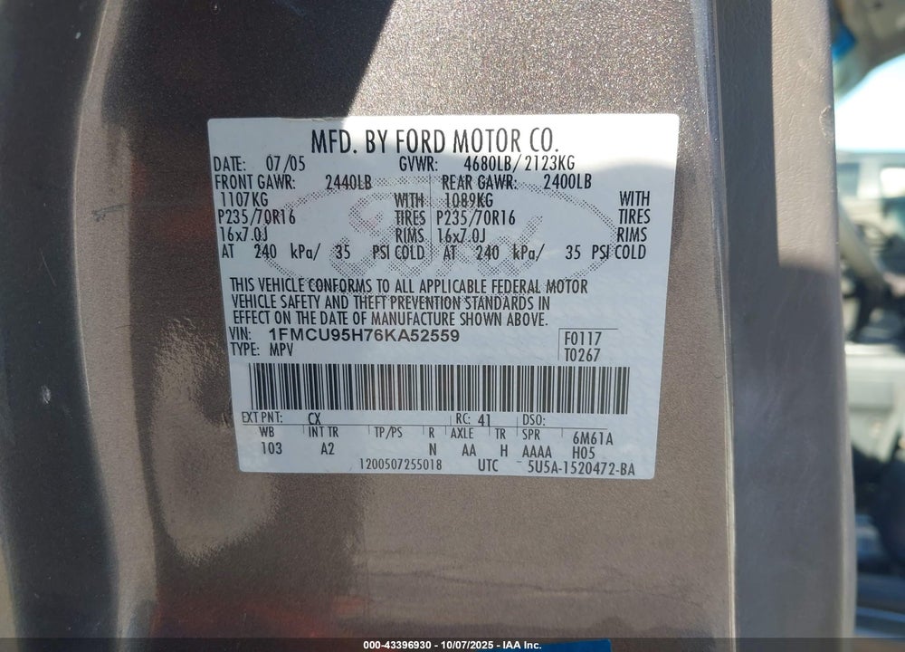 2006 FORD ESCAPE HYBRID VIN: 1FMCU95H76KA52559