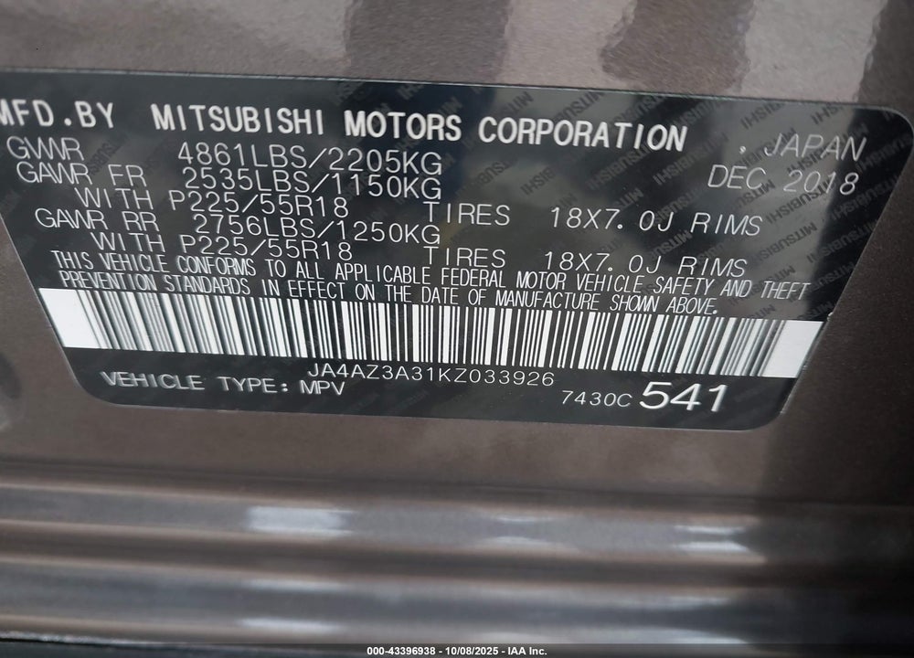 2019 MITSUBISHI OUTLANDER SEL VIN: JA4AZ3A31KZ033926