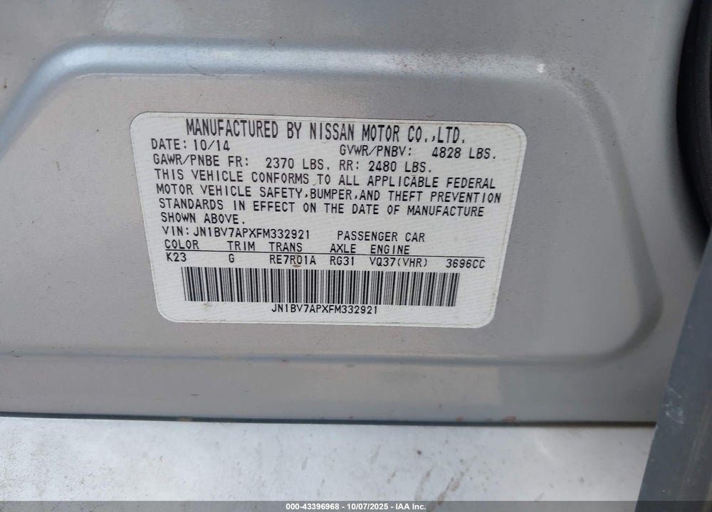 2015 INFINITI Q50 VIN: JN1BV7APXFM332921