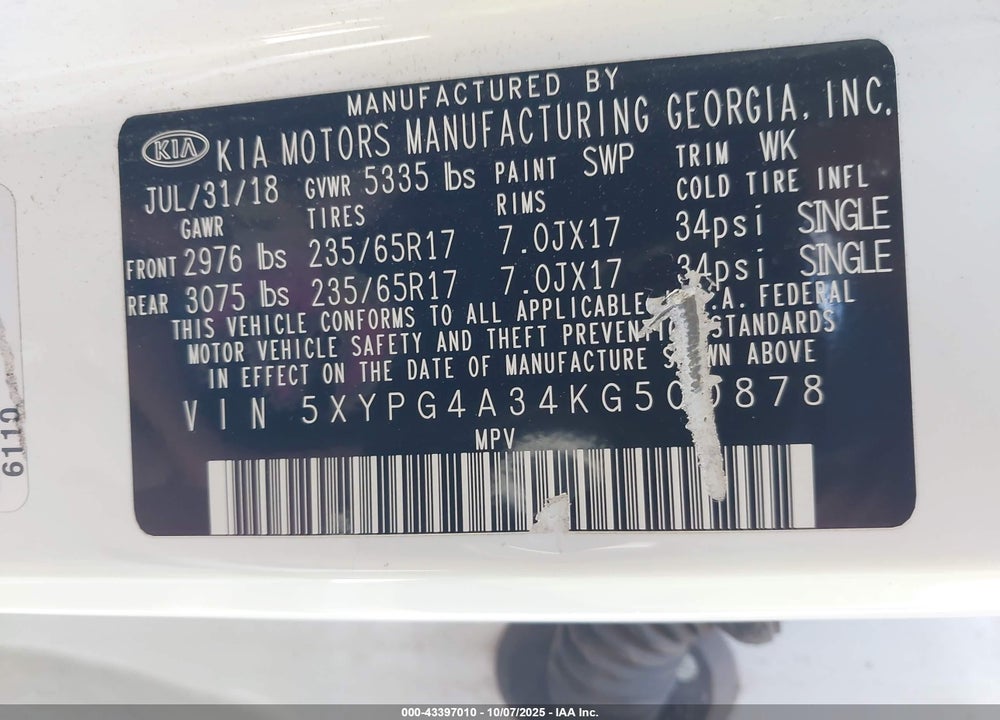 2019 KIA SORENTO VIN: 5XYPG4A34KG500878