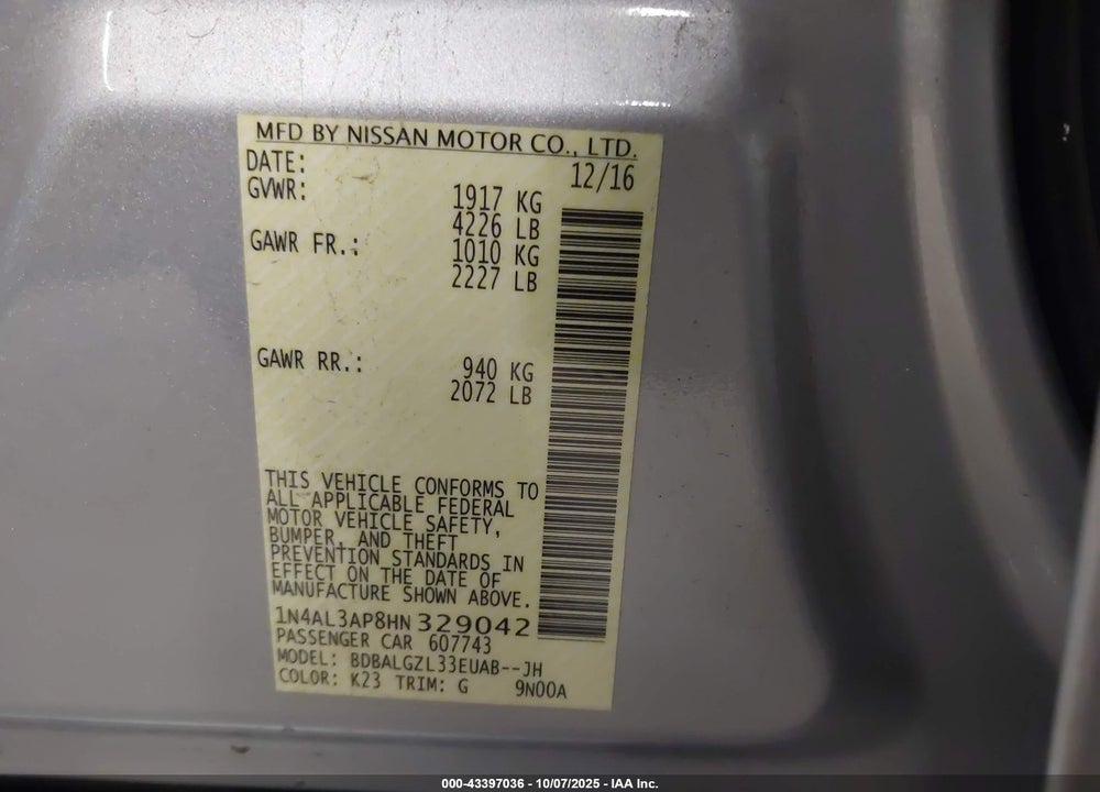 2017 NISSAN ALTIMA 2.5 S VIN: 1N4AL3AP8HN329042