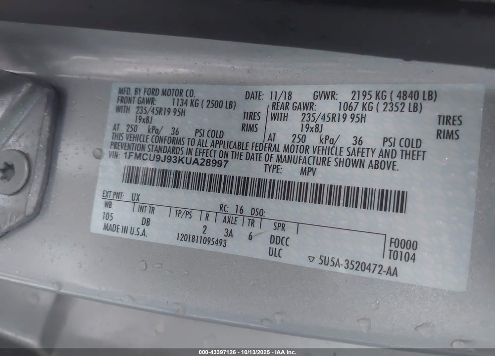 2019 FORD ESCAPE VIN: 1FMCU9J93KUA28997
