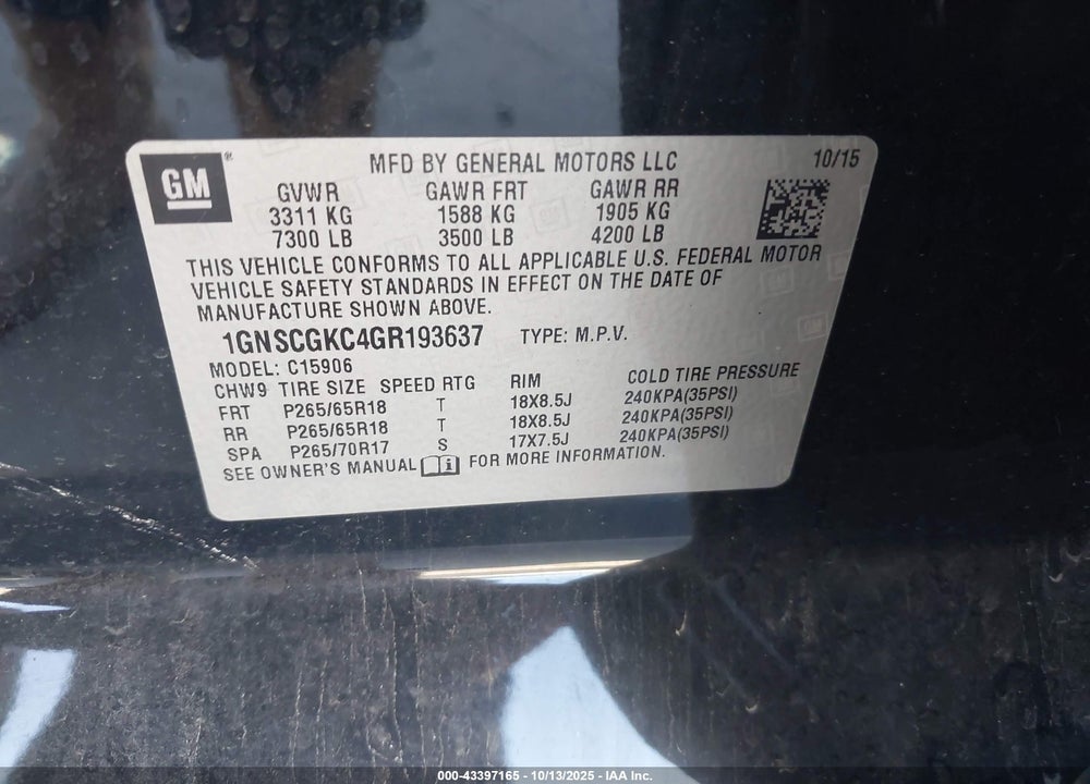 2016 CHEVROLET SUBURBAN LS VIN: 1GNSCGKC4GR193637