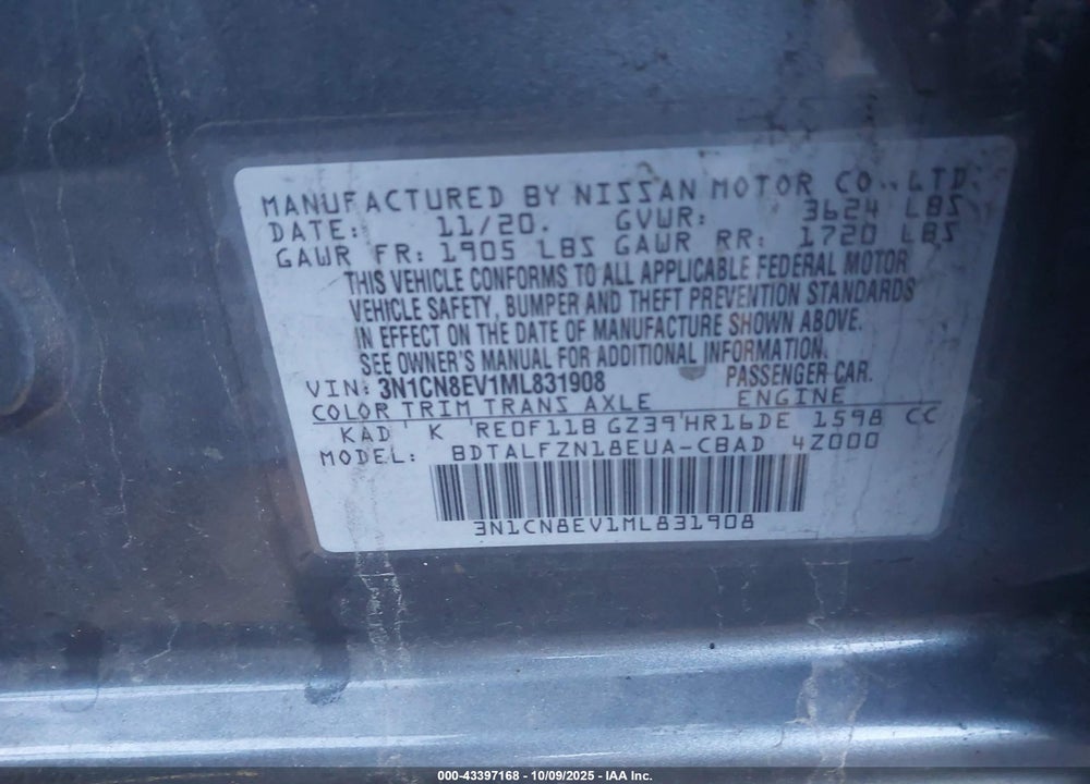 2021 NISSAN VERSA VIN: 3N1CN8EV1ML831908