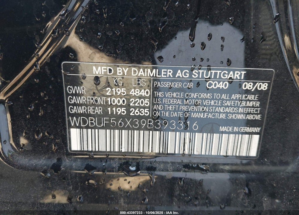 2009 MERCEDES-BENZ E-CLASS VIN: WDBUF56X39B393316