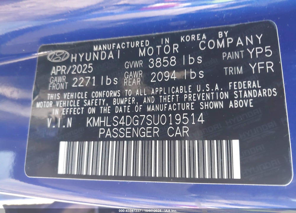 2025 HYUNDAI ELANTRA VIN: KMHLS4DG7SU019514
