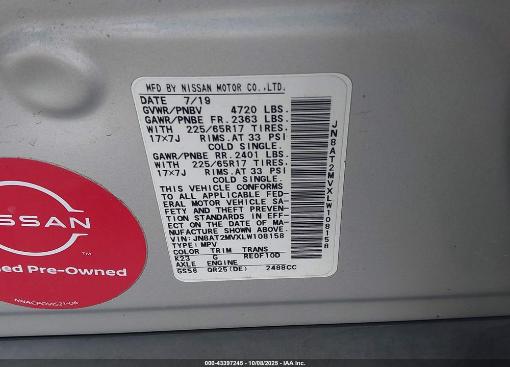 2020 NISSAN ROGUE VIN: JN8AT2MVXLW108158