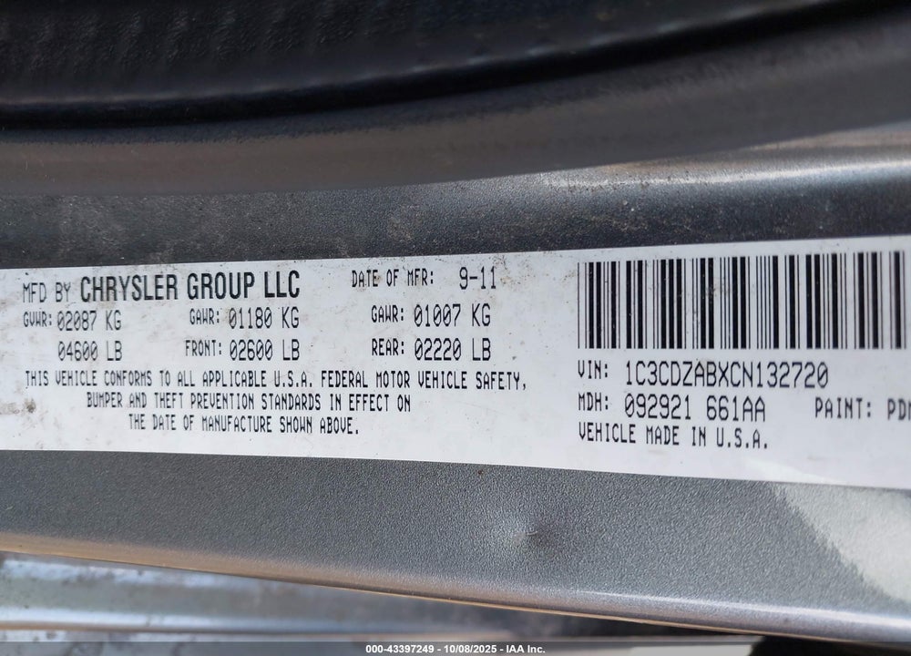 2012 DODGE AVENGER VIN: 1C3CDZABXCN132720