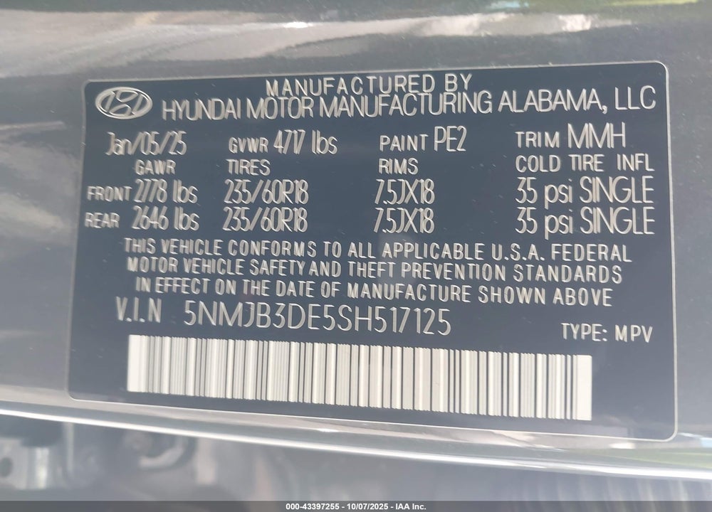 2025 HYUNDAI TUCSON SEL VIN: 5NMJB3DE5SH517125
