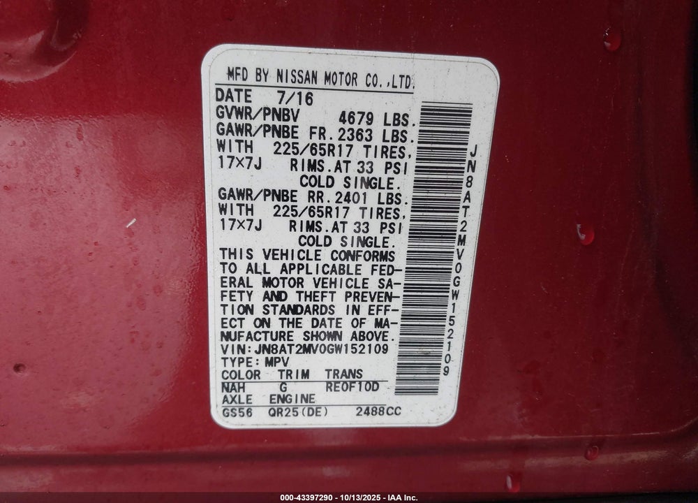 2016 NISSAN ROGUE VIN: JN8AT2MV0GW152109