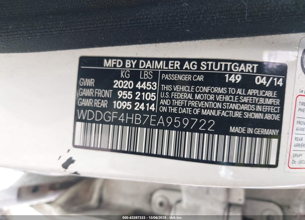 2014 MERCEDES-BENZ C CLASS VIN: WDDGF4HB7EA959722