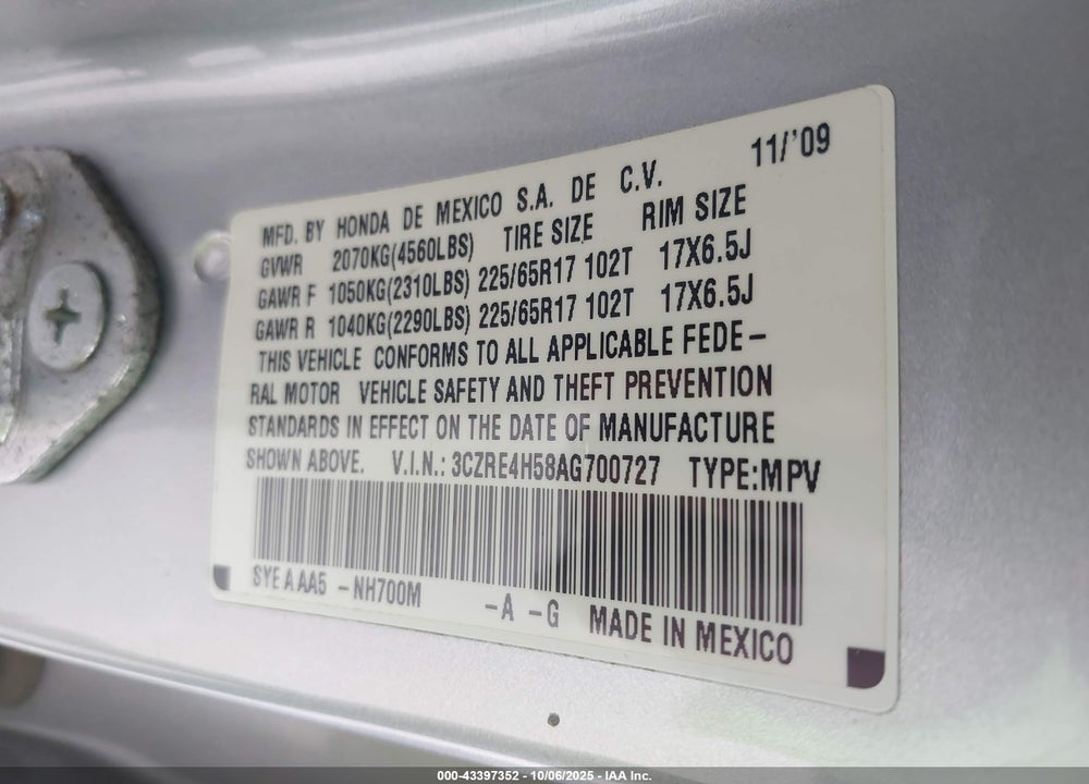 2010 HONDA CR-V VIN: 3CZRE4H58AG700727