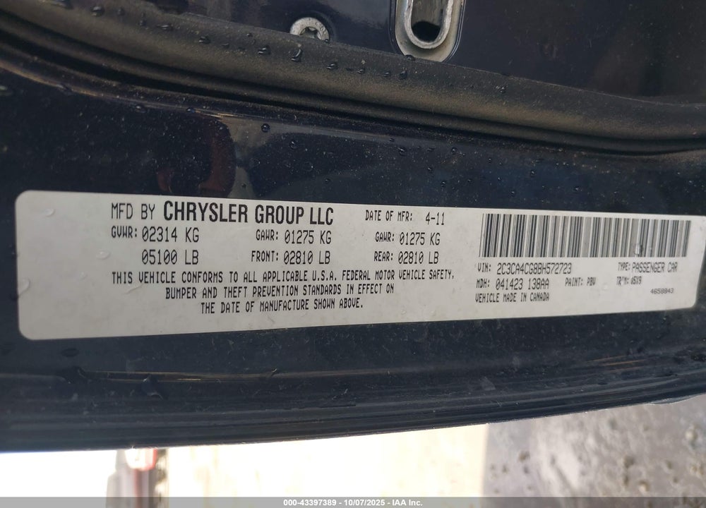 2011 CHRYSLER 300 VIN: 2C3CA4CG8BH572723