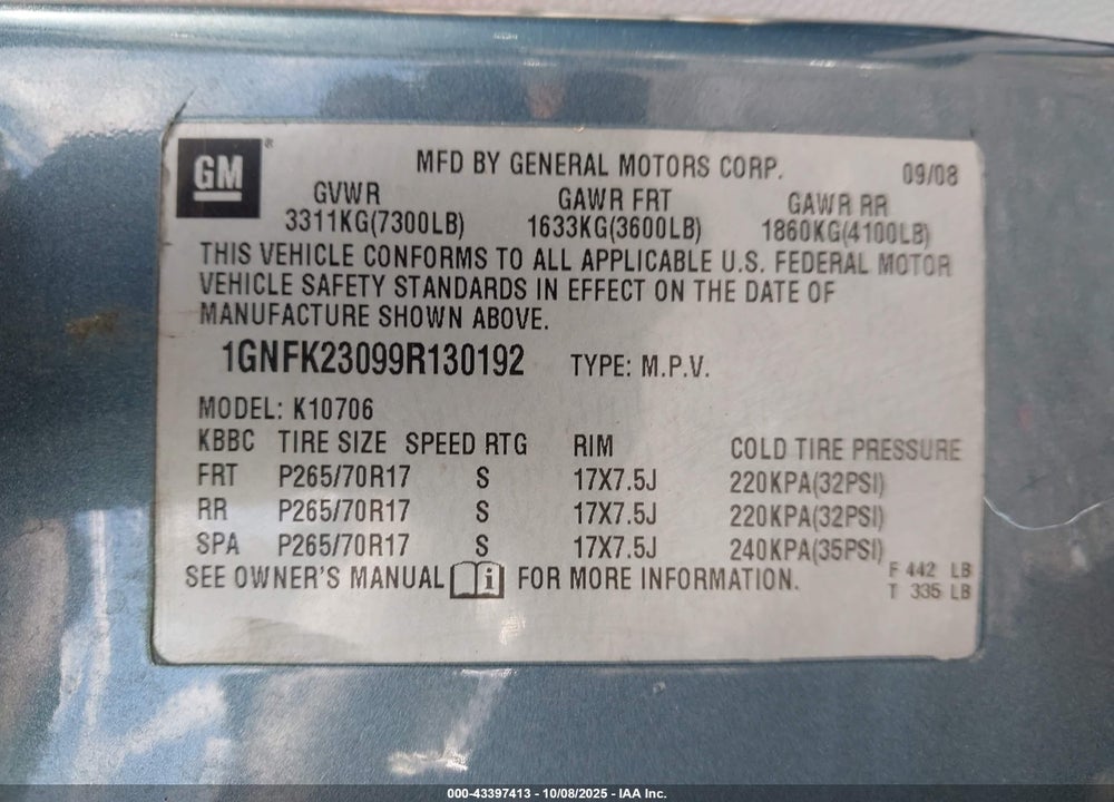2009 CHEVROLET TAHOE VIN: 1GNFK23099R130192