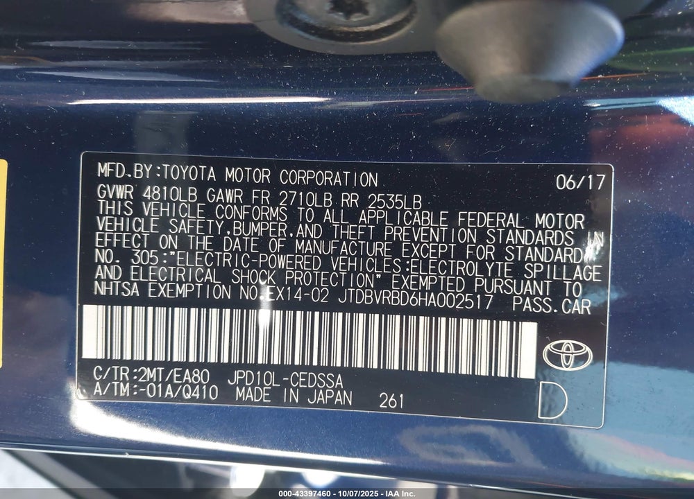 2017 TOYOTA MIRAI VIN: JTDBVRBD6HA002517