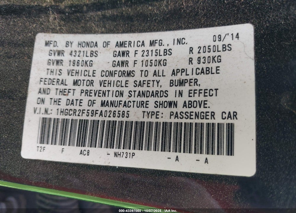 2015 HONDA ACCORD SPORT VIN: 1HGCR2F59FA026585