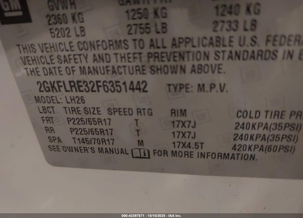 2015 GMC TERRAIN SLE-2 VIN: 2GKFLRE32F6351442