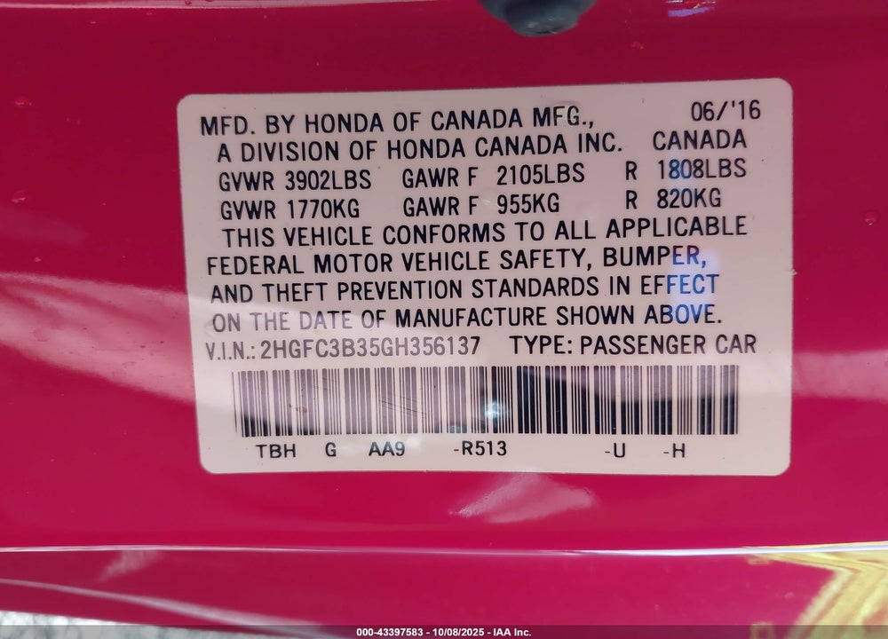 2016 HONDA CIVIC VIN: 2HGFC3B35GH356137
