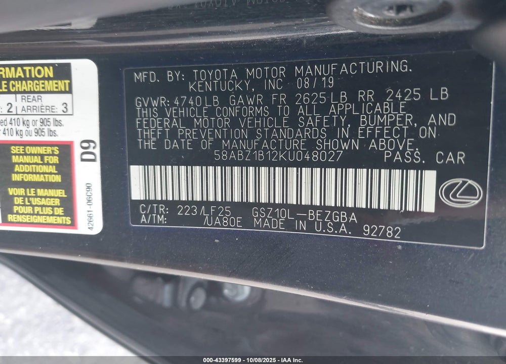 2019 LEXUS ES 350 VIN: 58ABZ1B12KU048027
