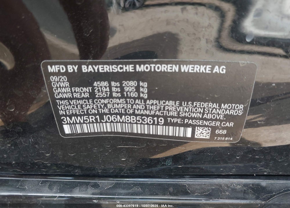 2021 BMW 330I VIN: 3MW5R1J06M8B53619