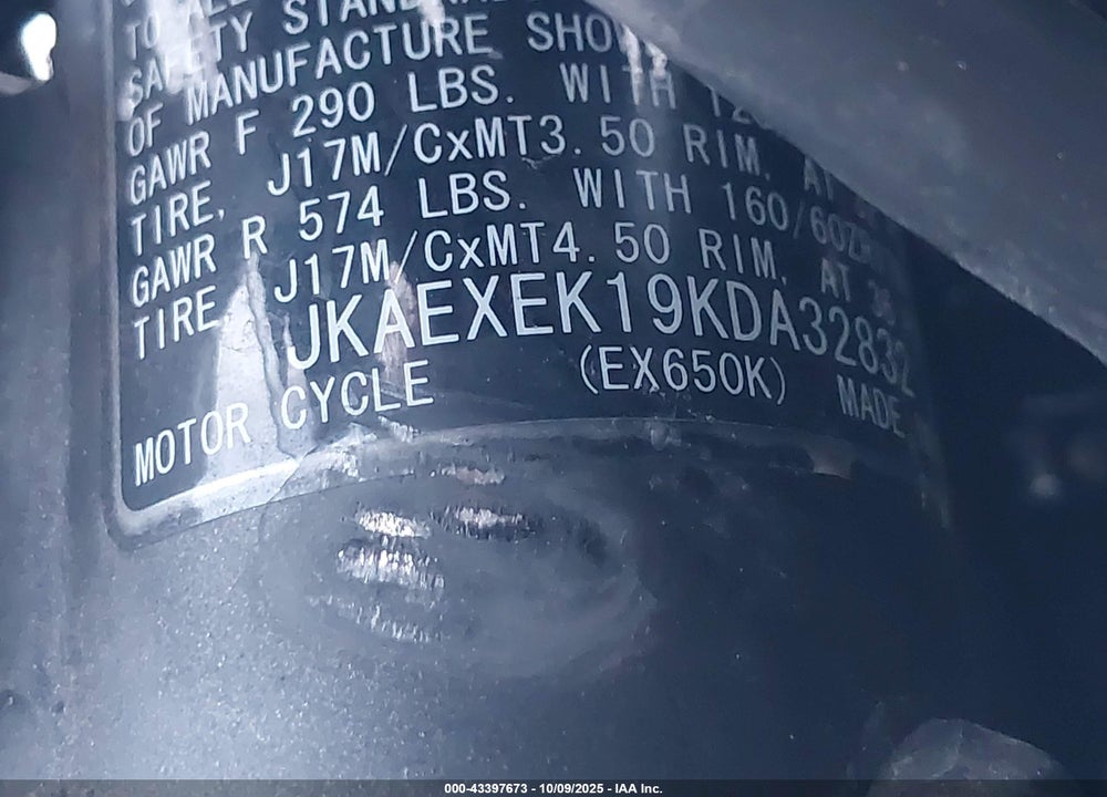 2019 KAWASAKI EX650 F VIN: JKAEXEK19KDA32832