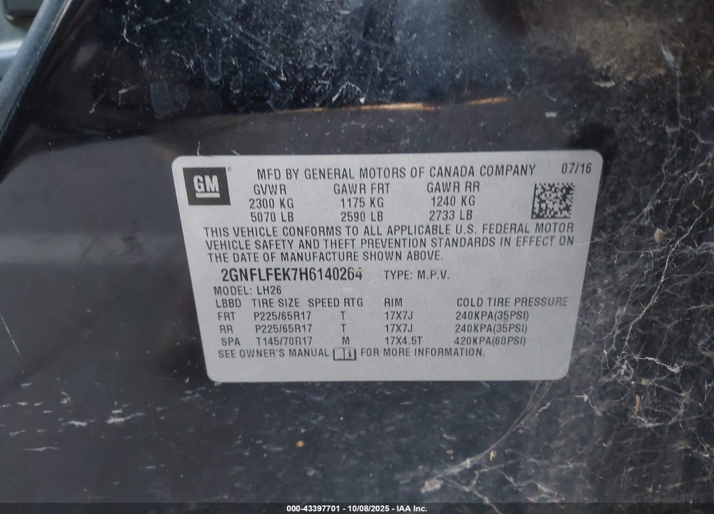 2017 CHEVROLET EQUINOX LT VIN: 2GNFLFEK7H6140264